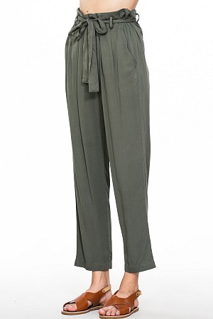 WAIST TIE KHAKI LONG PANTS WIT ...